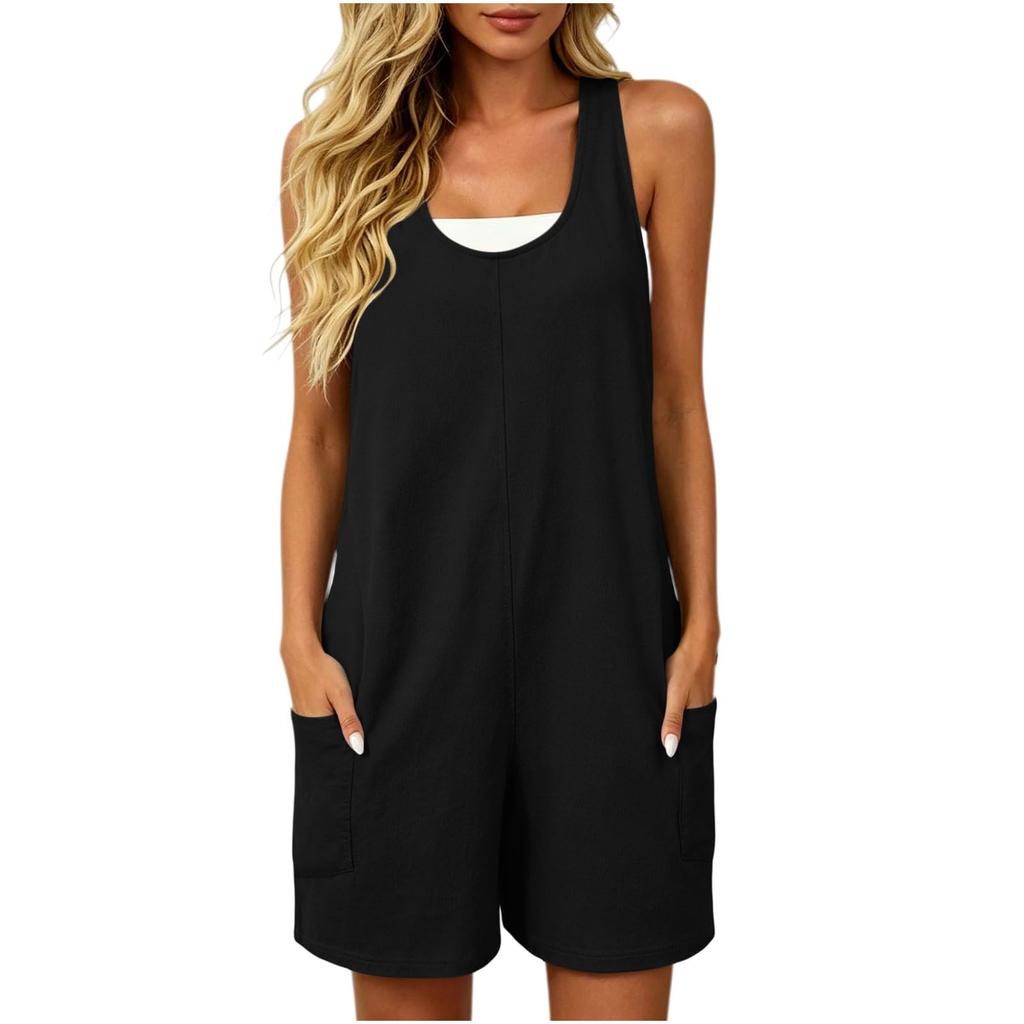 Women Sleeveless Jumpsuit Casual Loose Fit Pocket Solid Color Romper Soft Fabric Comfortable Summer Wear