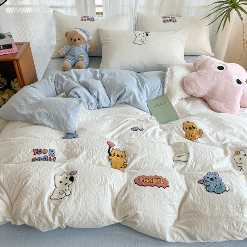 New Washed Cotton Towel Embroidery Four-piece Set Animal Paradise Bed Sheet Bed Hat Home Student Dormitory Three-piece Set