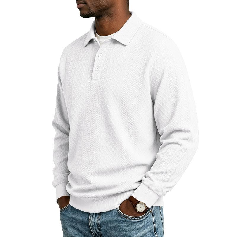 Men’s Heavyweight Jacquard Polo Shirt for Autumn/Winter: Casual Textured Diamond-Patterned Plain Long-Sleeved Crew-Neck Sweatshirt