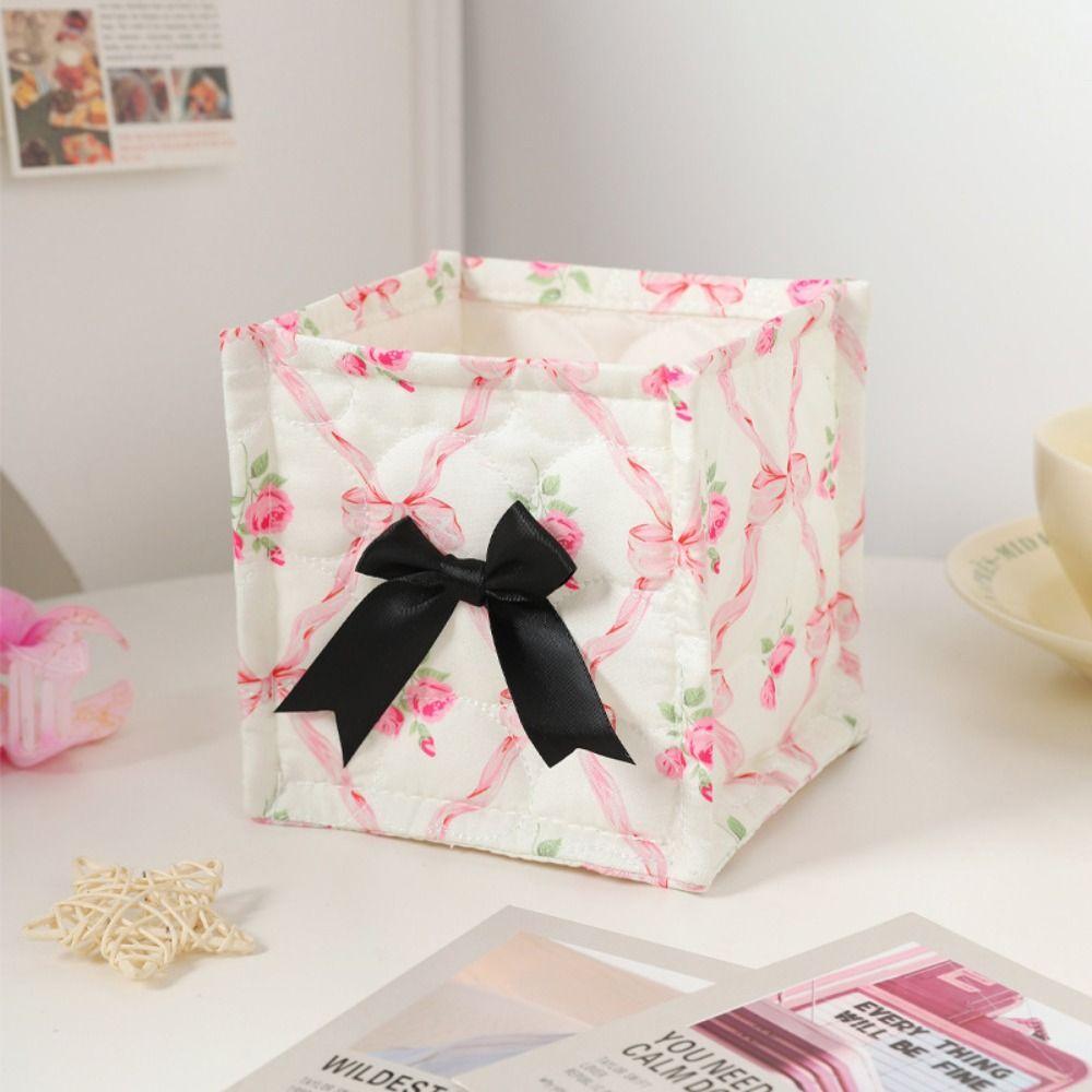 Square Desktop Storage Basket Bowknot Pattern Storage Frame Cute Organizer Box  Home Decoration