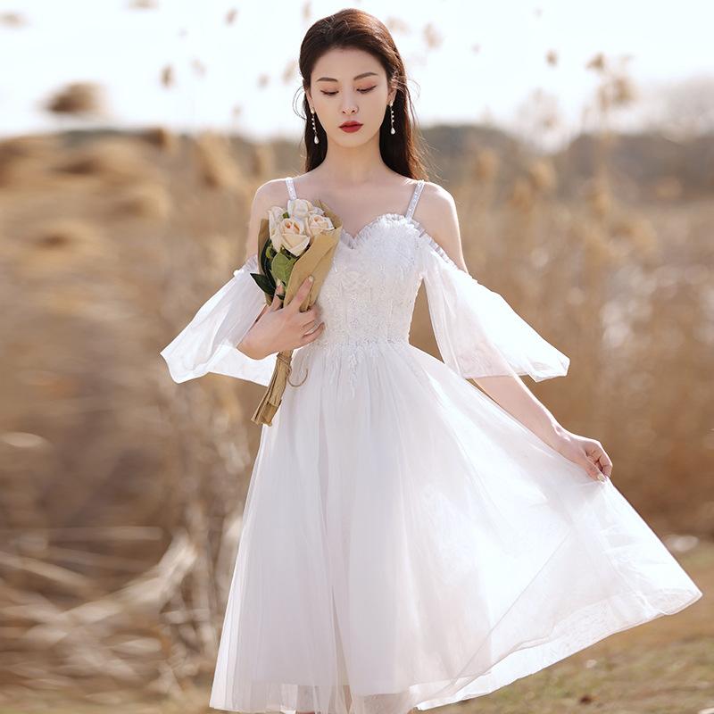 White License Dress 1011 New Temperament Short Fairy Elegant and Thin Covering Arms Daily Wear Dress