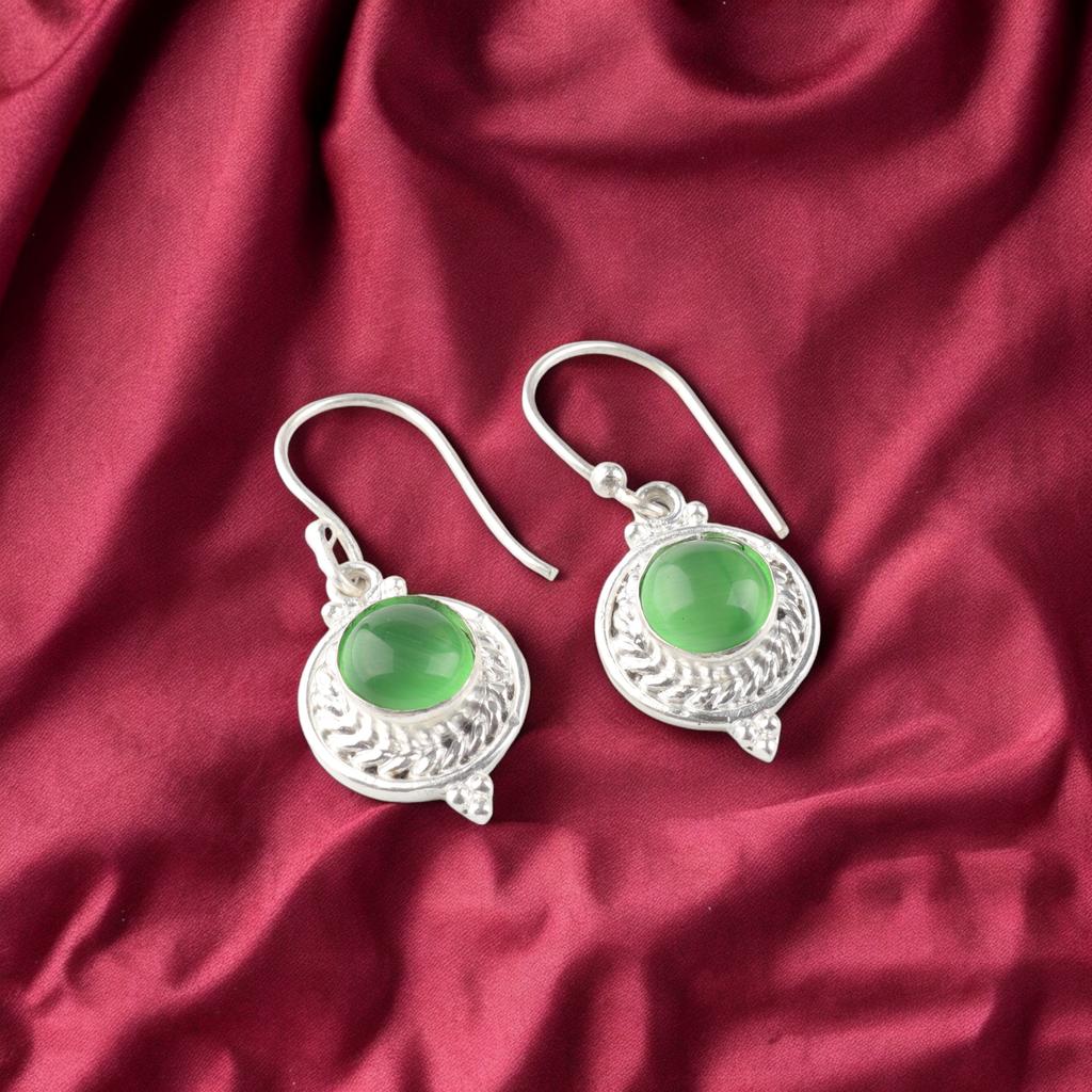 Green Cat's Eye Gemstone 925 Sterling Silver Jewelry Handcrafted Earrings 1.43" EE-117-35