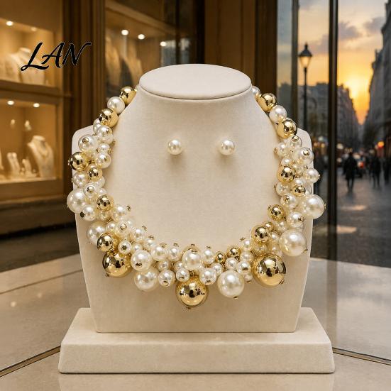 Faux Pearl Choker Necklace 1 Set Chunky Jewelry, Beaded And V-neck Accessory Earrings, Metallic for Women Dinner Parties Wedding Collarbone Enhancing
