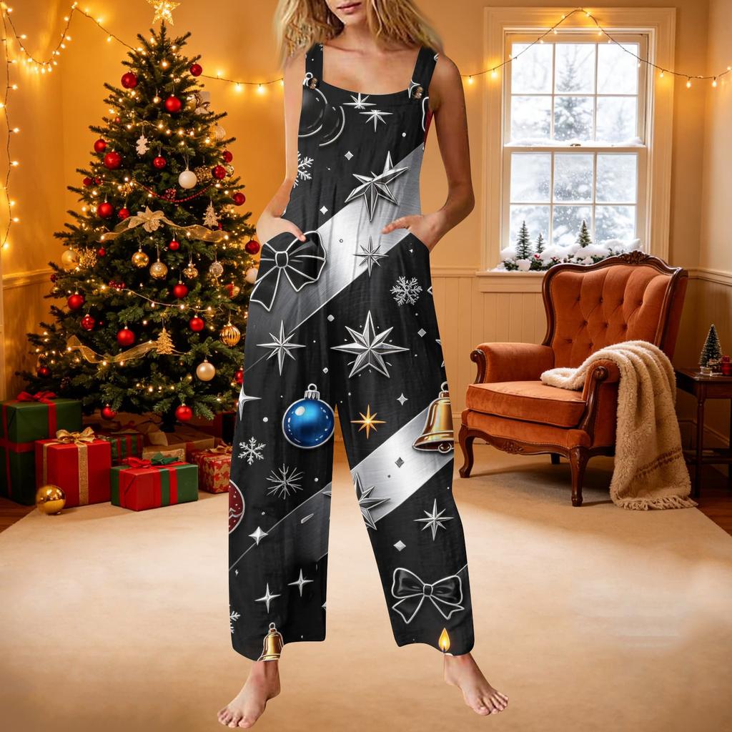 Tuta da donna casual con stampa natalizia, vestibilità ampia, stile retrò, con bretelle