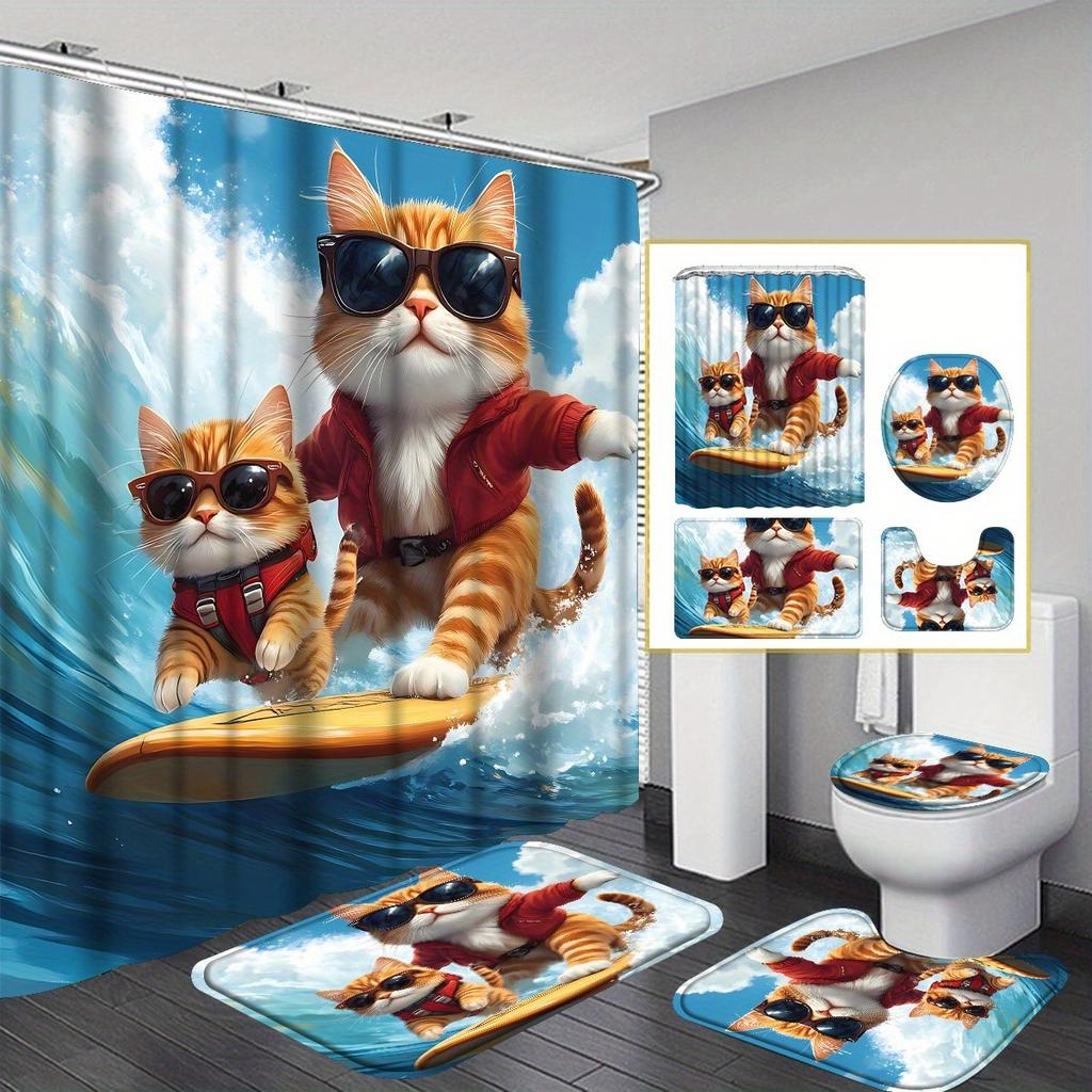 4-teiliges lustiges Surferkatzen-Duschvorhang-Set mit rutschfester Badematte, Toilettendeckelbezug, Kontur-Teppich & 12 Haken, Badezimmerdekoration