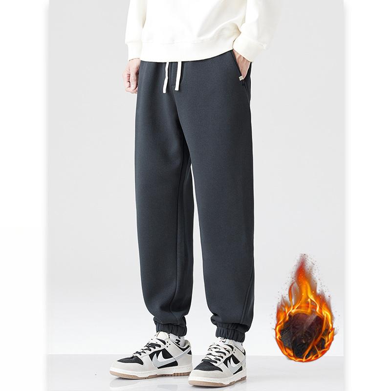 Winter Fleece Thickened Casual Pants Men's Tied Feet Solid Color Long Pants