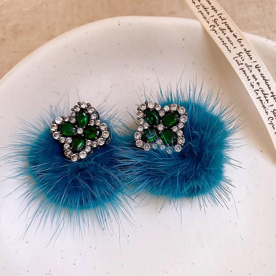 Retro zircon flower hairball stud earrings temperament versatile earrings earrings women