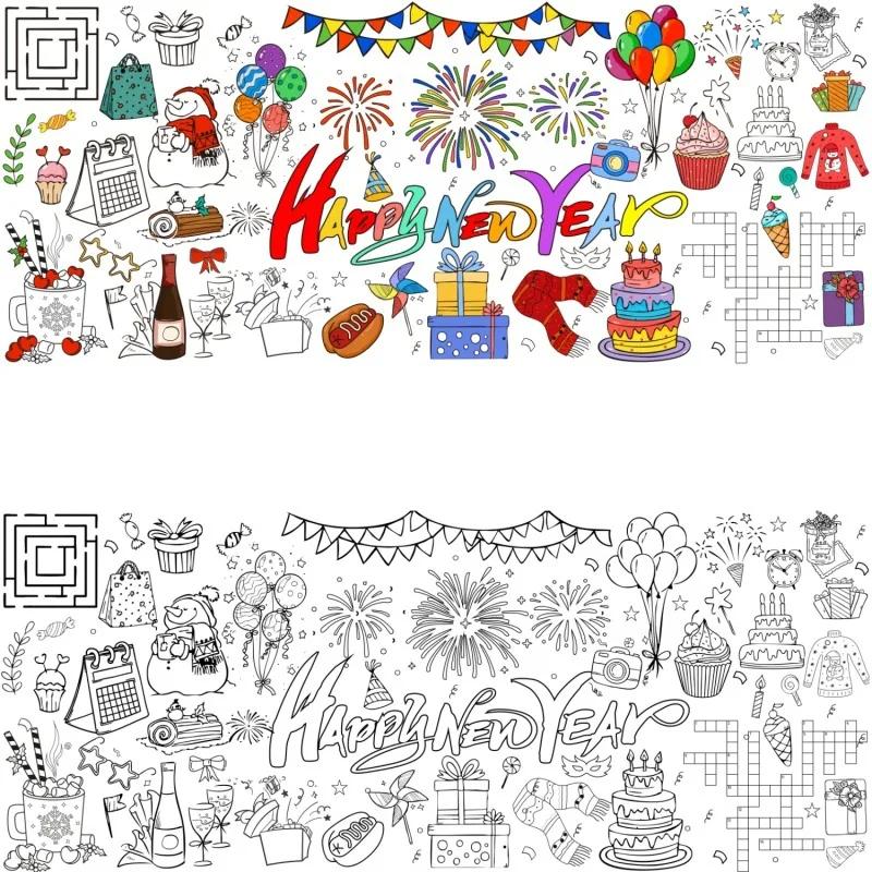 

Giant Happy New Year Coloring Poster for Kids 2026 New Years Eve Giant Coloring Tablecloth Large Books Huge Sheet Page Table Cov