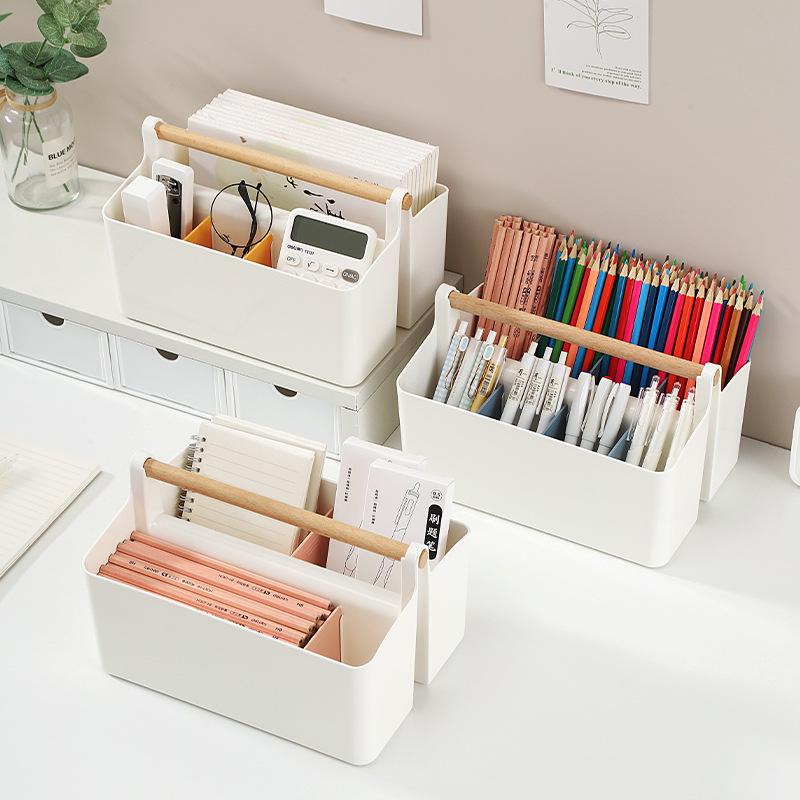 Stackable Wooden Handled Storage Box for Stationery, Pens, Markers, Remotes
