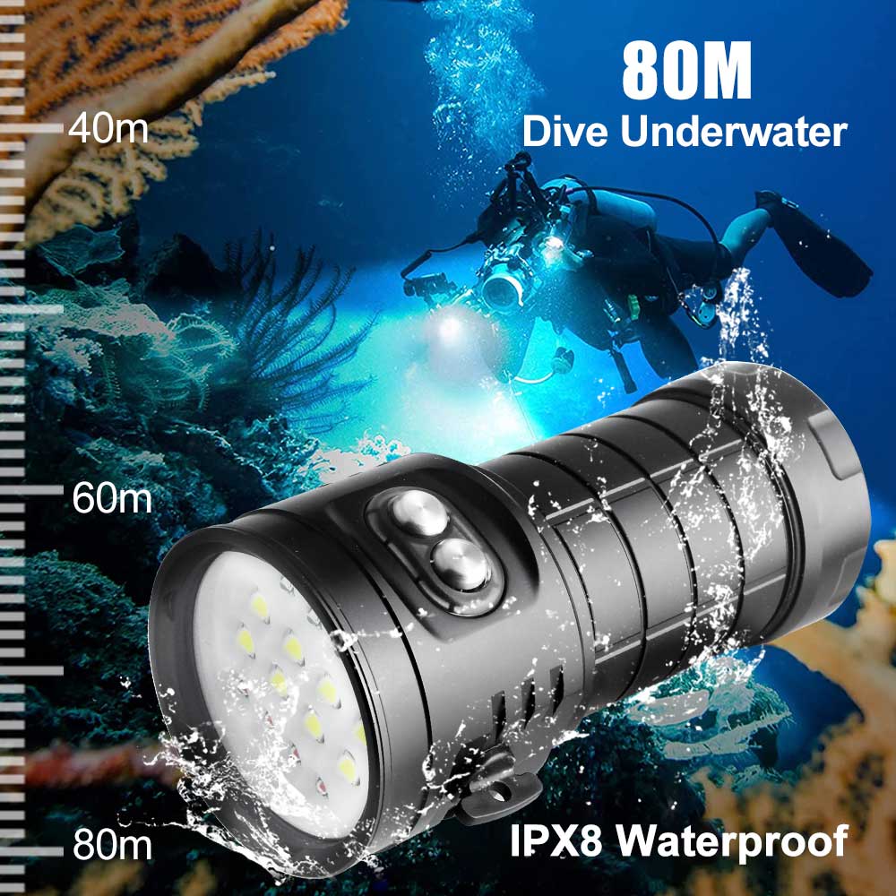Super Bright Professional Diving Flashlight Underwater photography Light 10000LM COB Lamp Beads Flashlight 80M IPX8 Waterproof