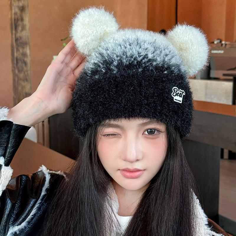 Color Matching Sweet and Cute Bear Ears Plush Hat for Women Winter Thickened Warm Knitted Hat Showing Face Small Toe Cap