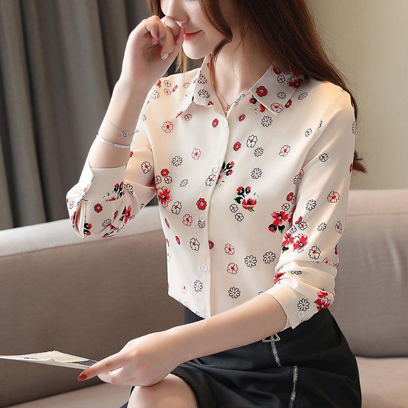 YYFS Women's Fashion Casual Spring Autumn Flower Pattern Print Long Sleeve POLO Neck Blouses & Shirts