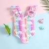 Girls' Ruffled One-Piece with Rainbow Dinosaur Print