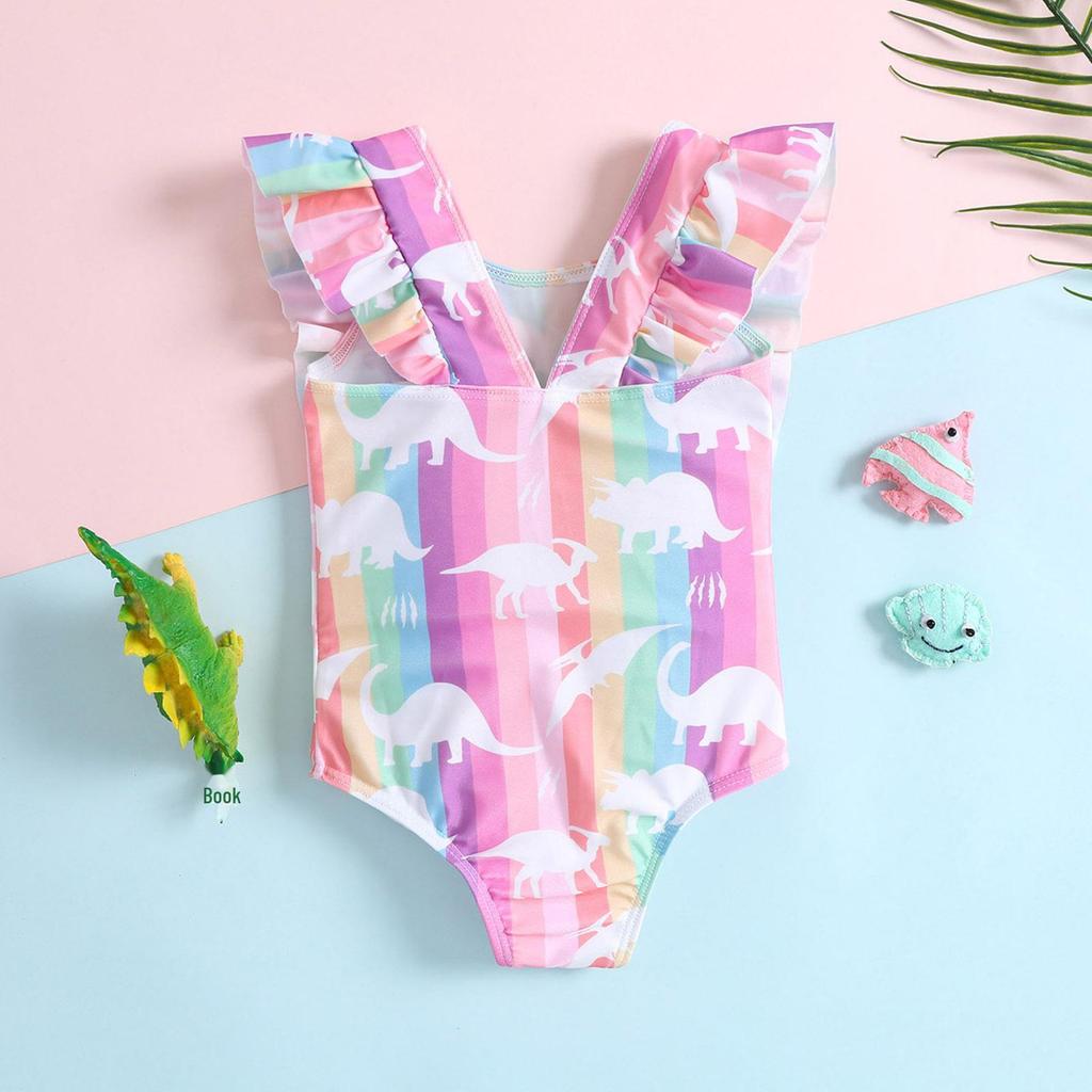 Girls' Ruffled One-Piece with Rainbow Dinosaur Print