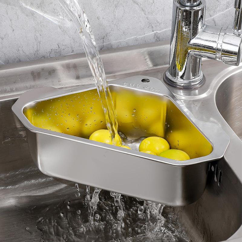 Stainless Steel Drain Basket Triangular Kitchen Sink Rack Self Adhesive Wash Basin Sink Filter Bowl with Hook Fruit Container
