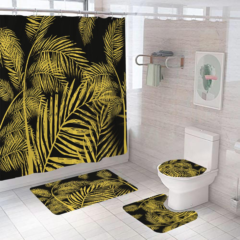 Black and Gold Tropical Plant Palm Leaf Bathroom Shower Curtain Set for Bathtub Exotic Leaves Bath Mats Rugs Toilet Home Decor