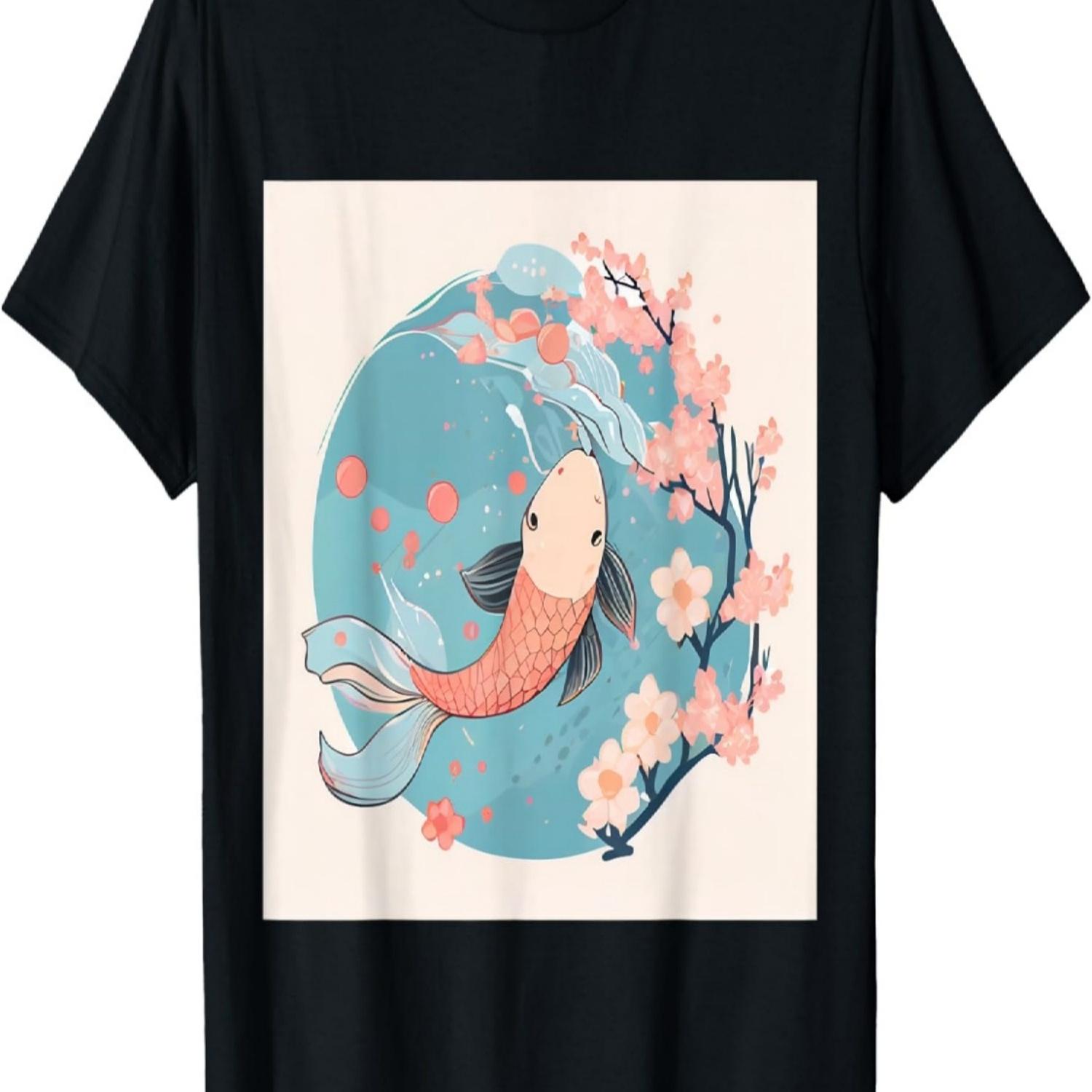 Cute Kawaii Koi fish swimming in pond with cherry blossom T-Shirt S чёрный