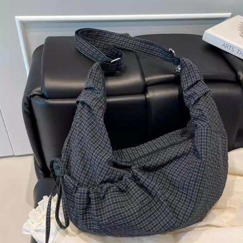 Fashi Plaid Shoulder Bag With Drawstring Design Women Outer Pocket Pleated Zipper Handbag Student Daily Commute Crossbody Bag