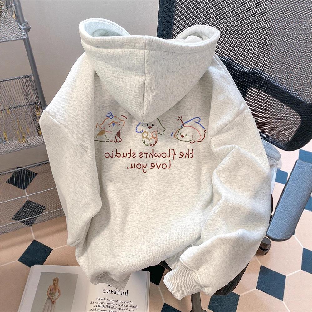 Gray Cartoon Puppy Hoodie for Men & Women - Autumn/Winter Loose Fit Korean Style Vibe