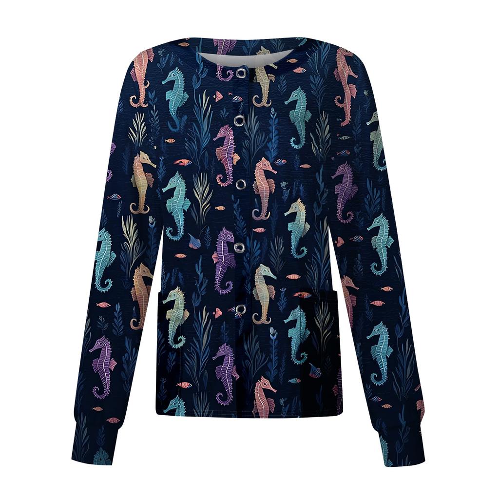Women's Casual Long Sleeve Single Button Cardigan Animal Print Lightweight Open Front Workwear Top for Caregivers and Professionals