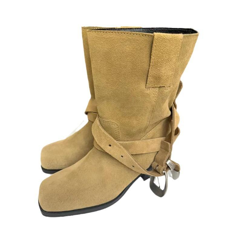 Odiniai matiniai senoviniai vakarietiški kaubojų batai, moteriški šiurkščiakulniai diržo sagtis Vidutiniai riteriniai batai Martin Boots