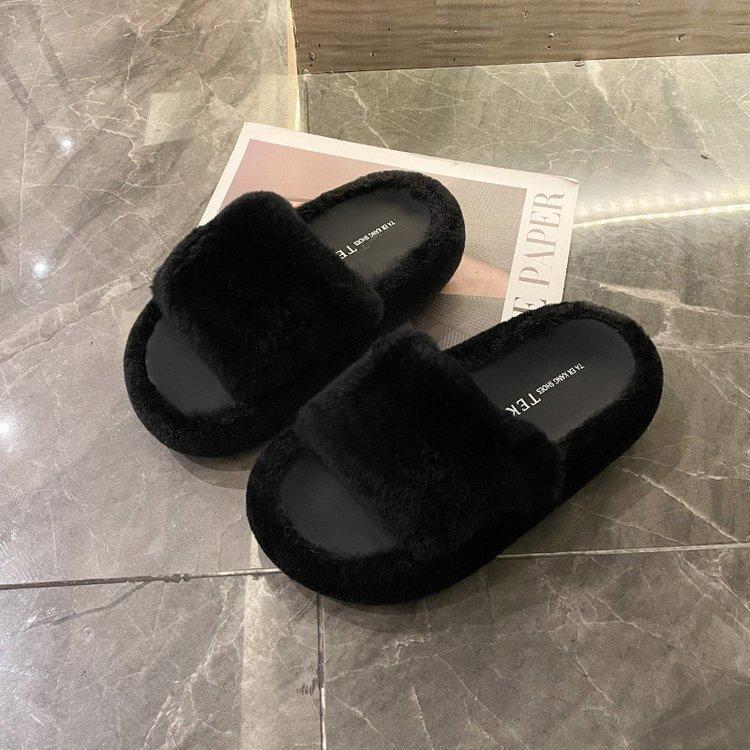 

[youshilai] Real rabbit fur slippers women wear autumn and winter plush wool shoes one-word cotton slippers 35