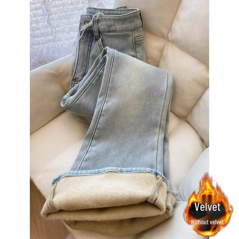 High Waist Plus-Sized Light Blue Velvet Flare Jeans for Autumn/Winter