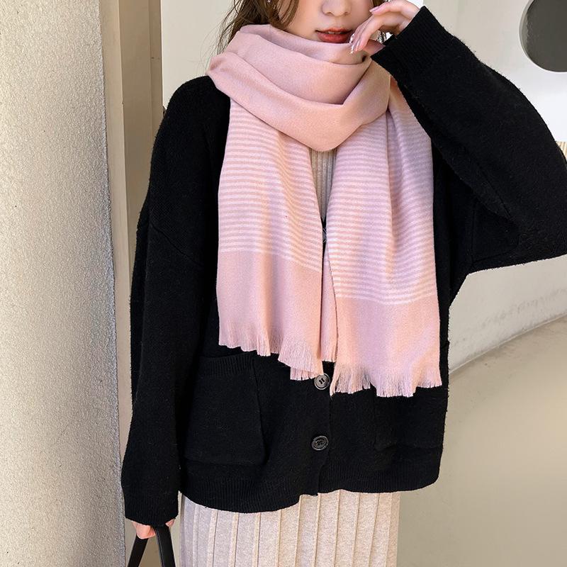 Solid Color Scarf Women's 2025 New Striped Printing Warm Imitation Cashmere Scarf Sweet Fashion Shawl