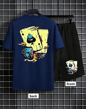 American men's summer fashion poker graffiti print comfortable breathable round neck T-shirt shorts set outdoor streetwear