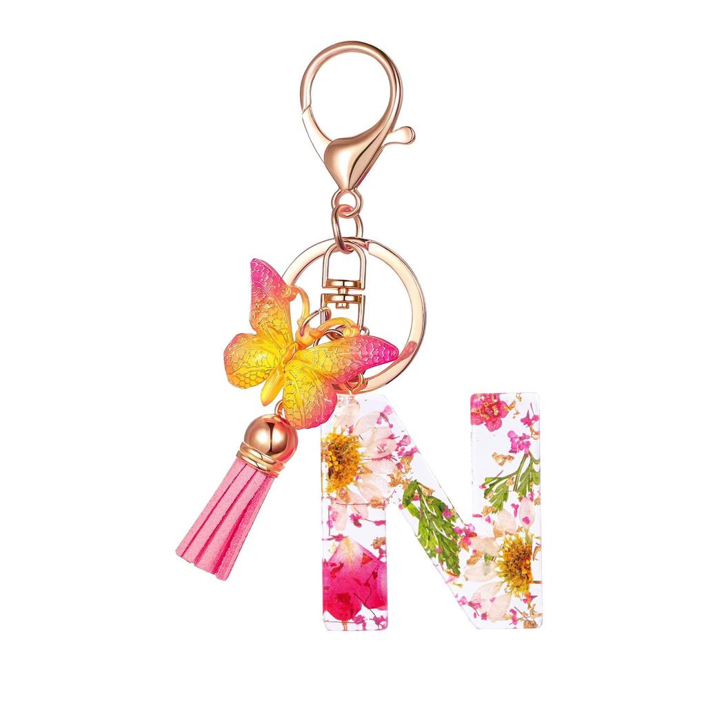 Flower Resin Keychain With Tassels And Butterfly Design 26 Letters Pendant Classic Retro Practical Durable Backpack Hanging Accessory