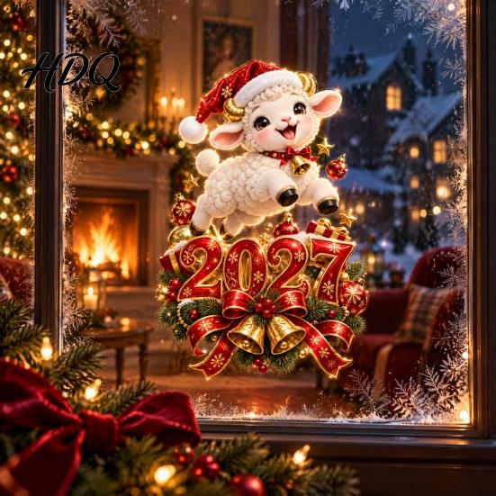 Christmas Lamb Window Art 2027 New Year Clings Cartoon Sheep Static Glass Stickers Door Festive Ornaments of Goat Decal for Holiday Home Office