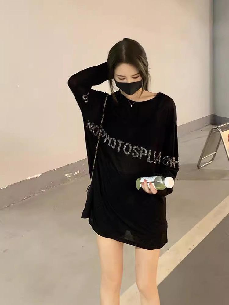 Autumn Women's Trendy Rhinestone Black Long Sleeve Loose Fit Top - Plus Size Slimming Cover-up