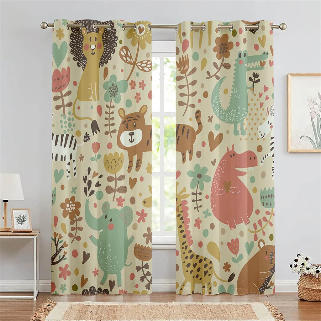 Cartoon Jungle Animals Kids Curtains Safari Zoo Print Window Drapes 2 Panels Nursery Bedroom Child Room Home Decor