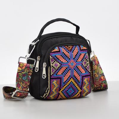 Umhängetasche für Damen mit ethnischer Stickerei, kleine quadratische Tasche, Oxford-Nylongewebe, vierlagiger Riemen, Umhängetasche, kleine Stofftasche für Mütter