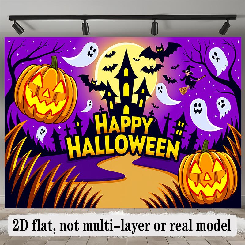Party Backdrop Halloween Flat Banners Pumpkins Ghosts Bats Spooky Night Scene Photo Booth Background Front Door Decor