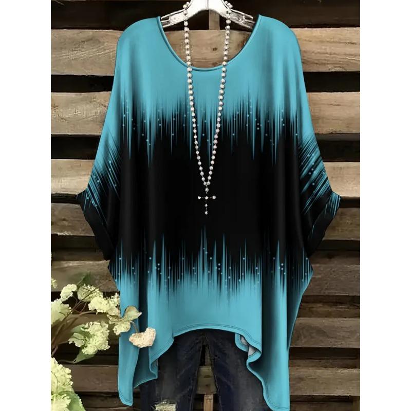 Vintage Women's T-Shirt Color Gradient Print Elegant Asymmetrical Hem O-Neck Short Sleeve Top Casual Fashion Street Outdoor Tops