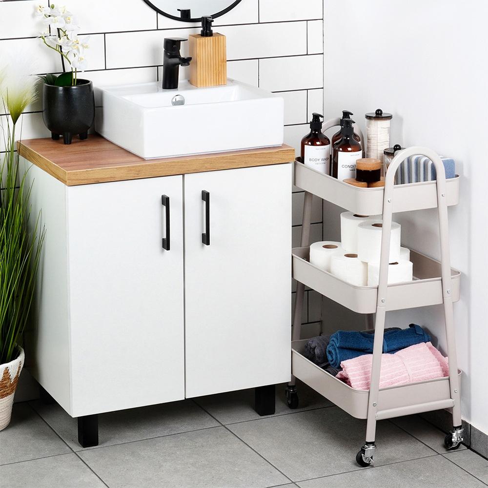 Beige Metal 3-Level Shelf On Wheels 44X31.5X78.5 Cm