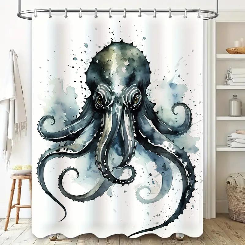 Handgezeichneter Oktopus Duschvorhang Badezimmer Dekoration Wandbehang Wasserdichte Vorhänge für Kinderzimmer Kunstdruck Aquarell Stoff
