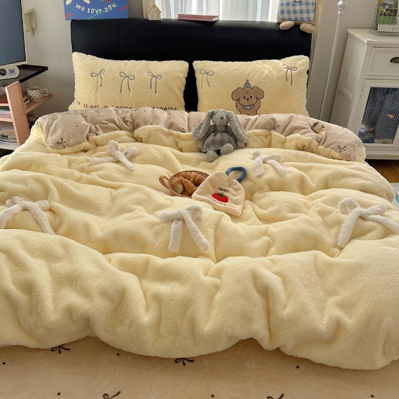 Winter new soft rabbit fleece four-piece set three-dimensional bow thickened warm milk fleece duvet cover dormitory