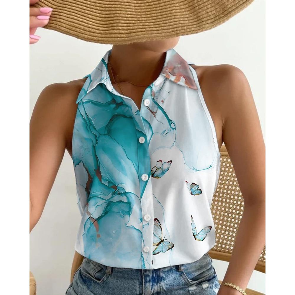 Women's Summer Casual Fashion Strapless Sleeveless Abstract Print Shirt