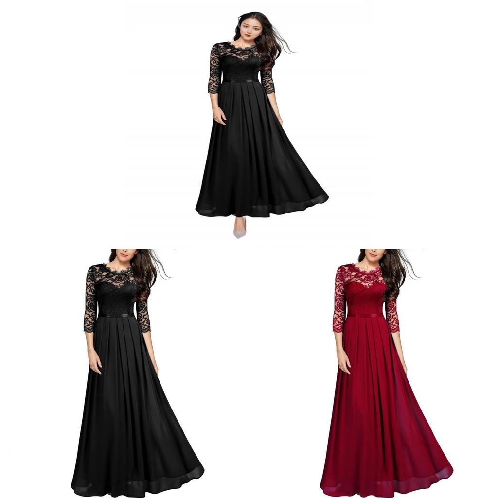 Elegante Abito Lungo in Pizzo da Donna con Tessuto in Chiffon Giuntato per Eventi Formali