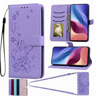 Kožené pouzdro s motýlem pro véčkový telefon pro Samsung Galaxy A36 A56 5G A26 A16 Honor X9C X7C Xiaomi Redmi 15 Note 13 14 Pro Popruh Peněženka Knižní Kryt se slotem na karty