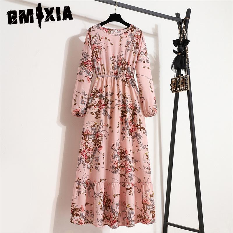 GMXIA 25 Colors Spring Women Maxi Dresses Casual Long Sleeve Floral Print O-Neck Ladies Long Dress Bohe Beach Party Mujer Vestidos Muslim Dress