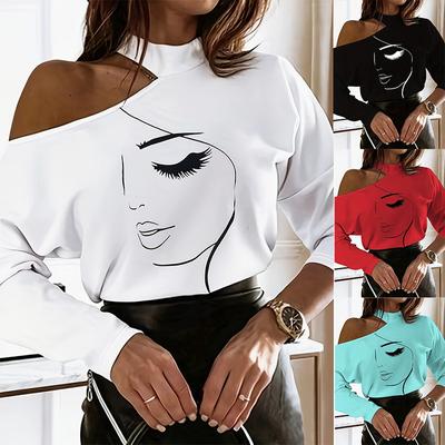 Women's Long Sleeve Round Neck Sexy Off-Shoulder Character Abstract Print T-Shirt