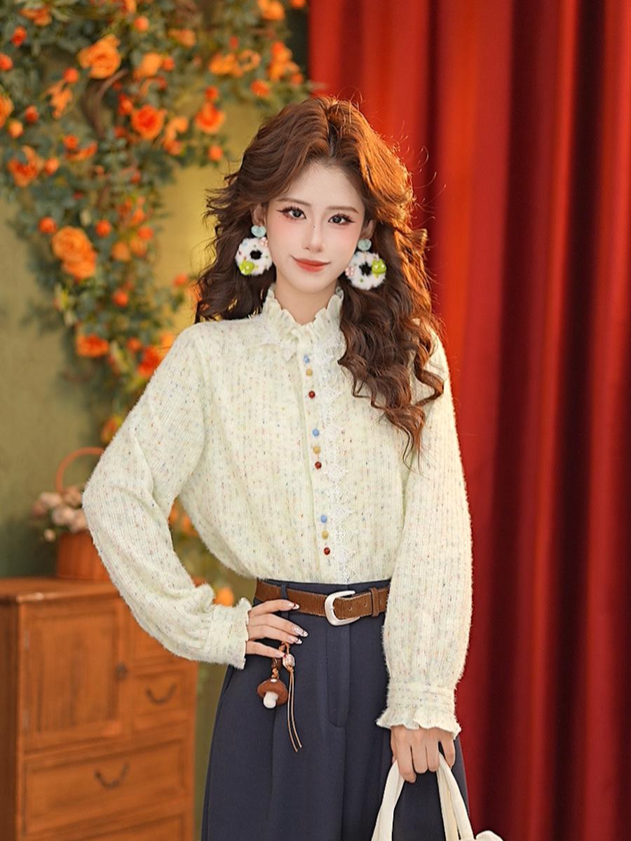 DaYuanSAD Lace Patchwork Floral Knit Thick Long Sleeve Top #S15079 Small мятный зеленый