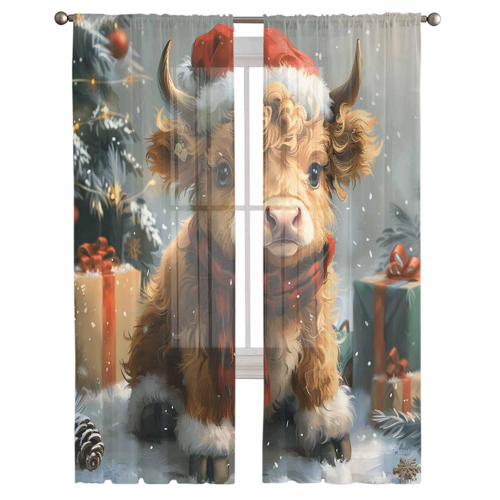 Christmas Gift Yak Hat Vintage Oil Painting Curtains For Living Room Bedroom Home Decoration Window Voile Tulle Curtain Drapes