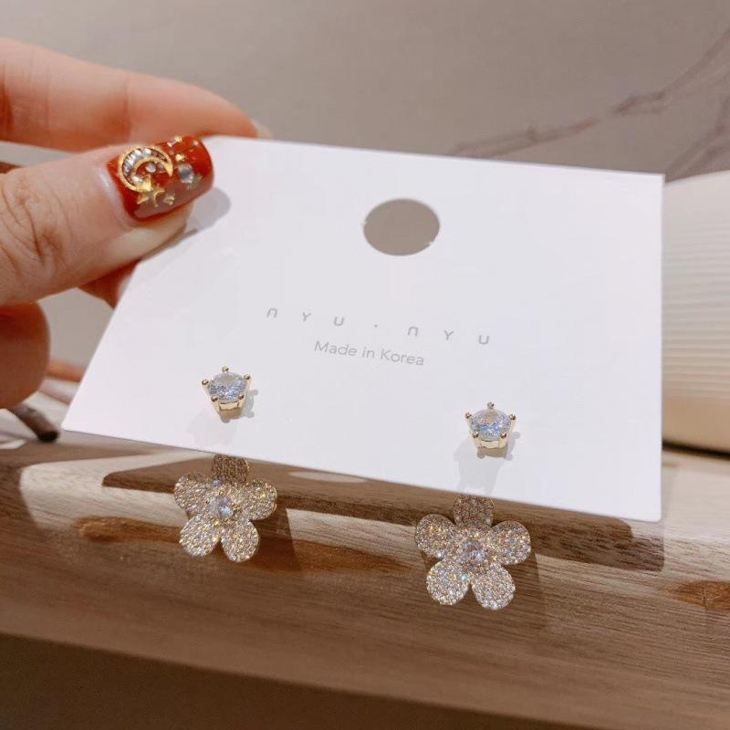 Temperament Five-Petaled Flower Earrings Zircon Flower Diamond-Set Front And Rear Wear Dual-Purpose Zircon Removable Stud Earrings