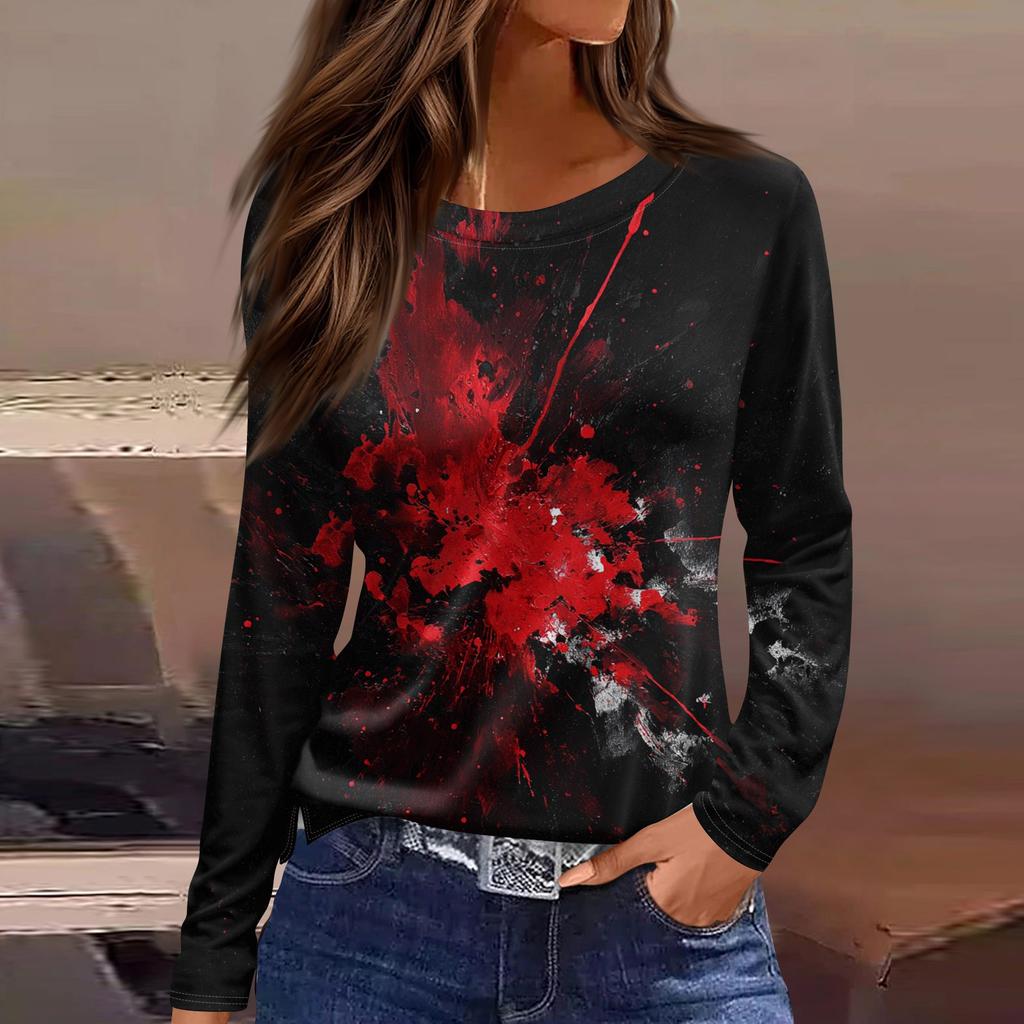 Damenmode Saumschlitz Lässig Halloween-Print Rundhals Langarm Oberteil