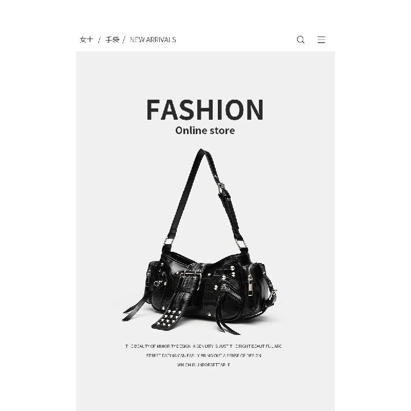 Women's Y2k Punk Vintage Shoulder Purse PU Leather Gothic Rivet Handbag Waist Bag Luxury Black Cross Body Bags with Spikes