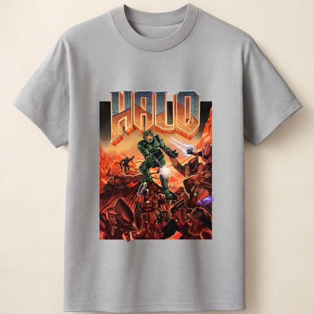 Master Chief Halo Space Combat Scene With Alien Army Unisex T Shirt Unisex T-Shirt L